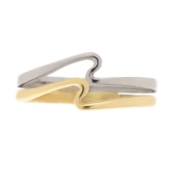 Modernist two 2 colour white yellow gold designer wave design ring crossover platinum modern contemporary
