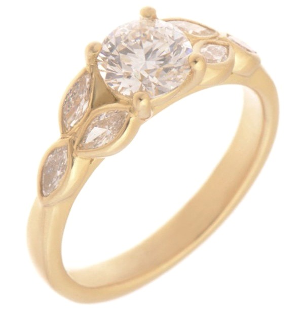 Round brilliant cut diamond solitaire engagement ring with marquise cut petal floral organic shoulders Platinum Gold