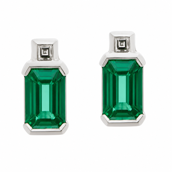 Art Deco style Emerald step cut octagon green emerald & Carre Cut shape natural Diamond Earrings platinum gold