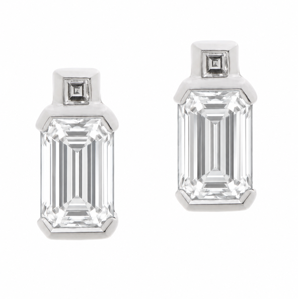 Art Deco style Emerald & carre Cut shape natural stud Diamond Earrings platinum gold