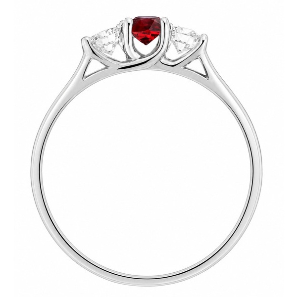 classic trilogy style ring round ruby centre stone & two round brilliant cut diamonds claw set setting gold platinum