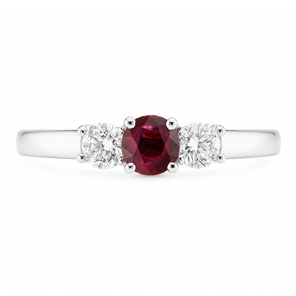 classic trilogy style ring round ruby centre stone & two round brilliant cut diamonds claw set setting gold platinum