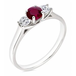 classic trilogy style ring round ruby centre stone & two round brilliant cut diamonds claw set setting gold platinum