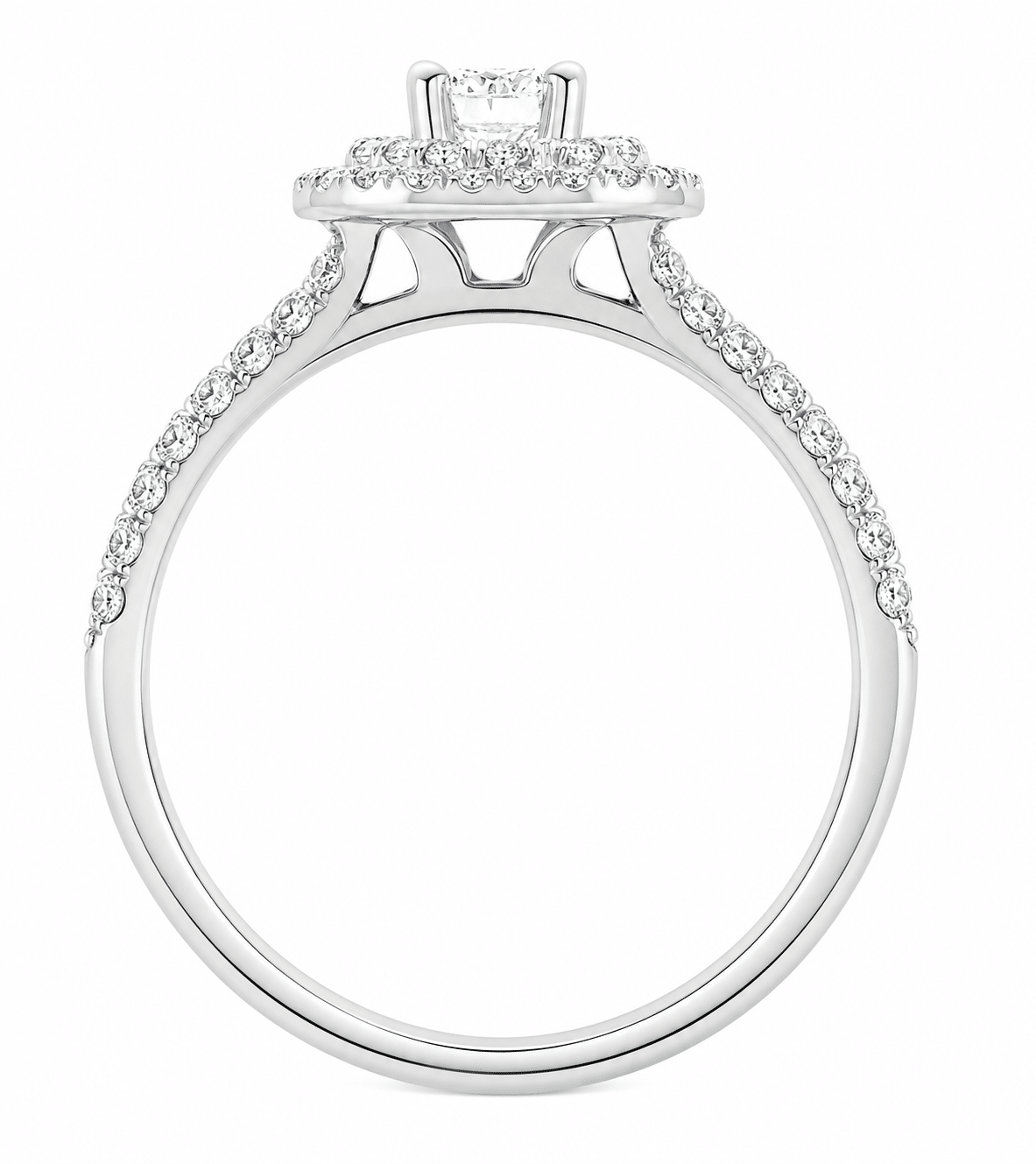 4 four claw solitaire round brilliant cut Diamond engagement ring double halo cluster set single shoulders Platinum yellow gold