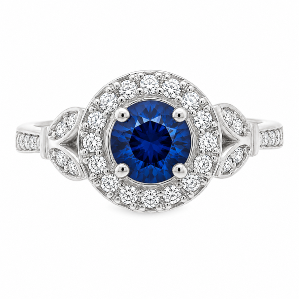 vintage art deco style round brilliant cut diamond & blue sapphire halo style cluster ring marquise petal shape setting platinum gold