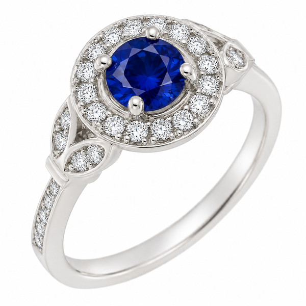 vintage art deco style round brilliant cut diamond & blue sapphire halo style cluster ring marquise petal shape setting platinum gold