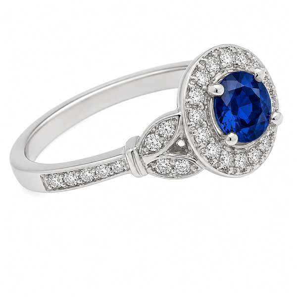 vintage art deco style round brilliant cut diamond & blue sapphire halo style cluster ring marquise petal shape setting platinum gold