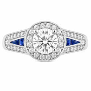 vintage art deco style Round brilliant cut Diamond & Blue Sapphire Halo Cluster Ring Split Shoulders shape setting platinum gold