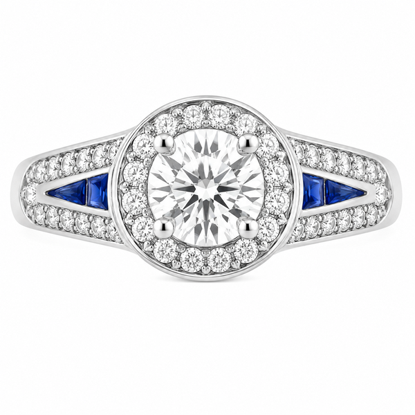 vintage art deco style Round brilliant cut Diamond & Blue Sapphire Halo Cluster Ring Split Shoulders shape setting platinum gold