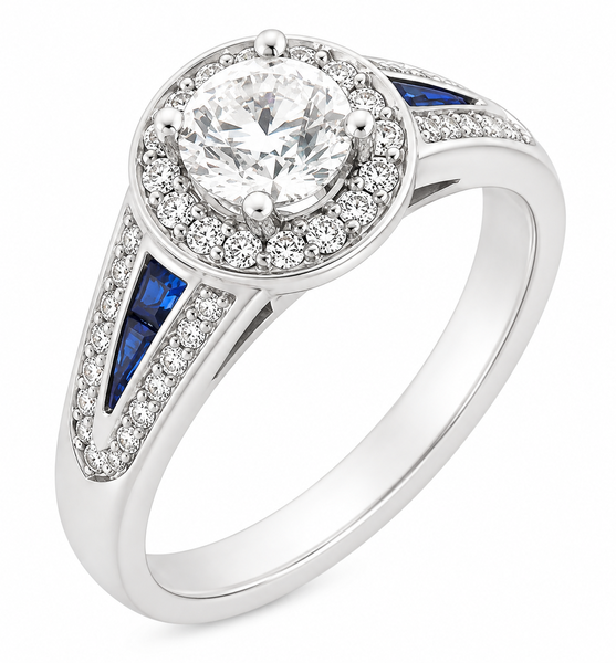 vintage art deco style Round brilliant cut Diamond & Blue Sapphire Halo Cluster Ring Split Shoulders shape setting platinum gold