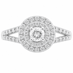4 four claw solitaire round brilliant cut Diamond engagement ring double halo cluster set split shoulders Platinum yellow gold