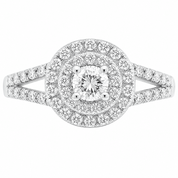 4 four claw solitaire round brilliant cut Diamond engagement ring double halo cluster set split shoulders Platinum yellow gold