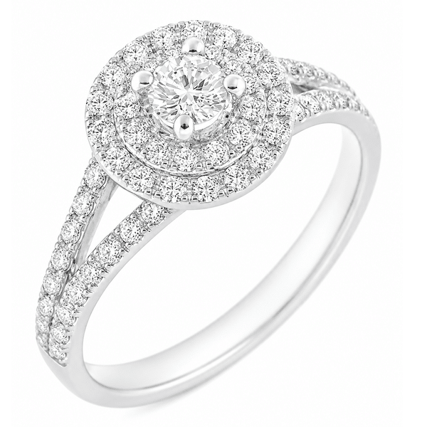 4 four claw solitaire round brilliant cut Diamond engagement ring double halo cluster set split shoulders Platinum yellow gold