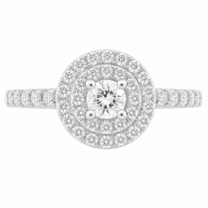 4 four claw solitaire round brilliant cut Diamond engagement ring double halo cluster set single shoulders Platinum yellow gold