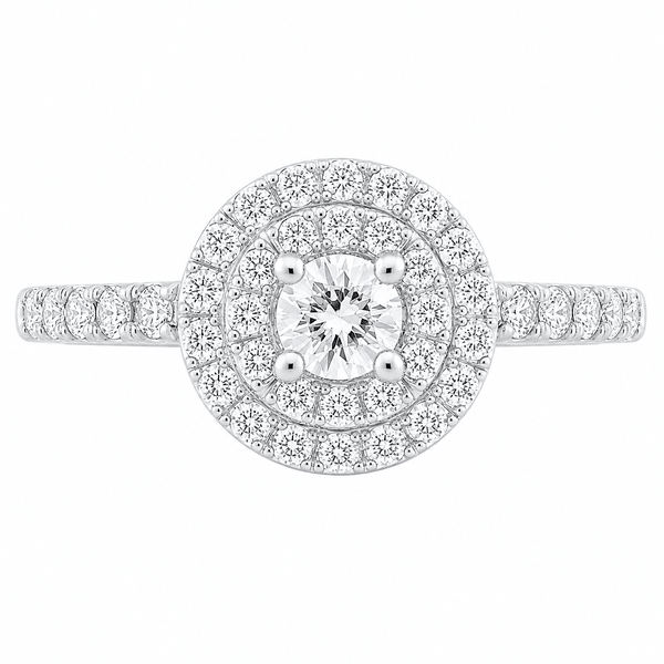 4 four claw solitaire round brilliant cut Diamond engagement ring double halo cluster set single shoulders Platinum yellow gold