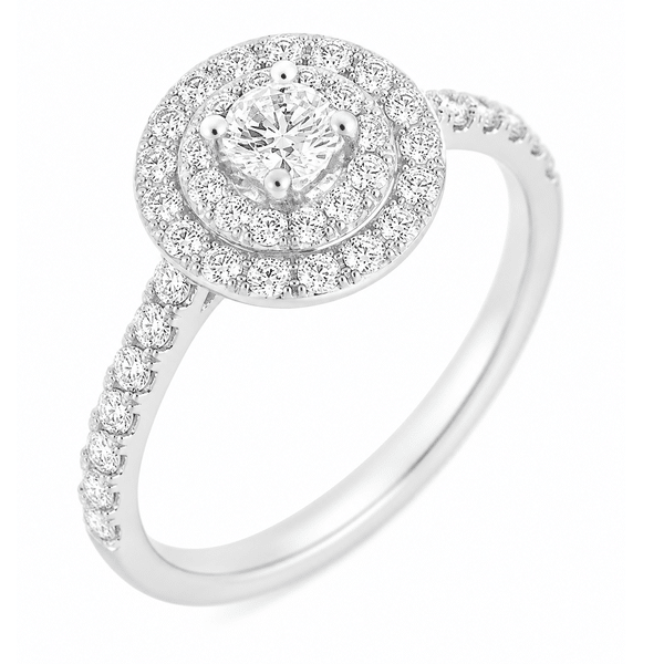 4 four claw solitaire round brilliant cut Diamond engagement ring double halo cluster set single shoulders Platinum yellow gold