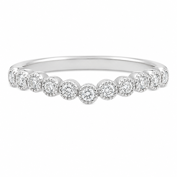 vintage style wishbone shaped ring band grain claw set round brilliant cut diamonds milled edge eternity fit next around engagement platinum gold