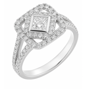 vintage art deco style princess & round brilliant cut diamond halo style cluster ringshape setting platinum gold