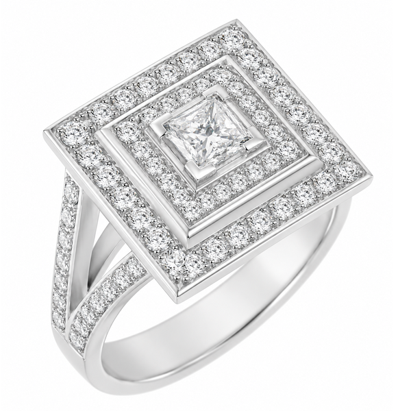 Art Deco 1920's 1930's Style Princess Cut Diamond Square Set Halo Cluster design Ring shape setting platinum gold