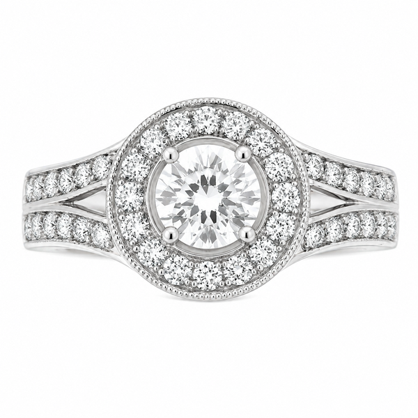 vintage art deco style Round brilliant cut Diamond Halo Cluster Ring With Split Shoulders shape setting platinum gold