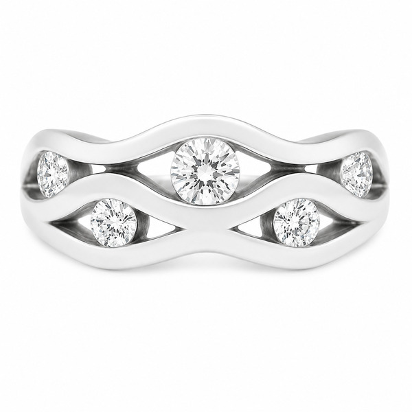 Modern modernist contemporary Wavey design Round brilliant cut Diamond Cluster half Eternity style Ring platinum gold