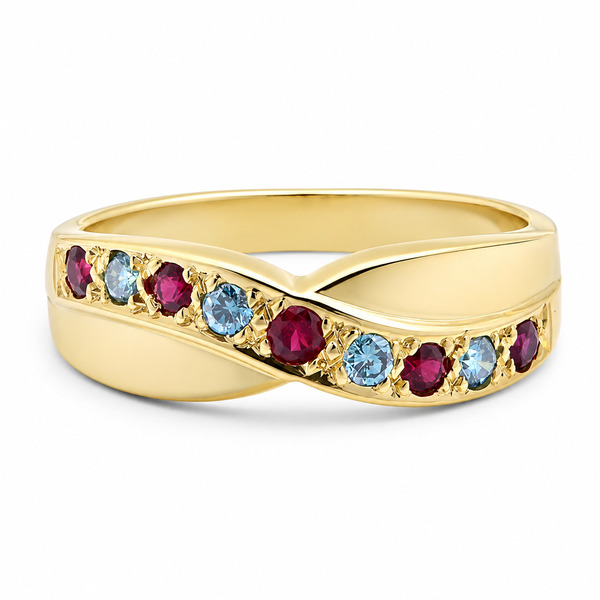 Modern modernist contemporary yoga graduated round blue diamond ruby crossover half Eternity style Ring platinum gold