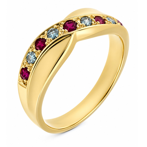 Modern modernist contemporary yoga graduated round blue diamond ruby crossover half Eternity style Ring platinum gold