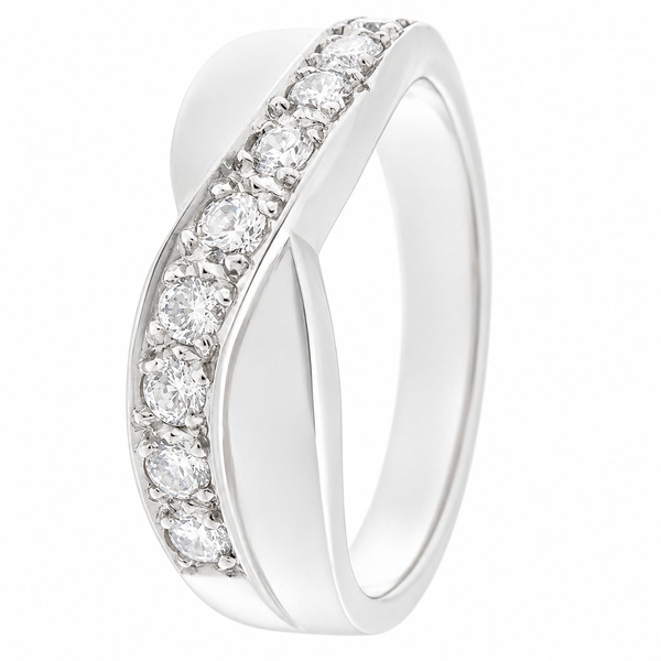 Modern modernist contemporary yoga graduated round diamond crossover half Eternity style Ring platinum gold