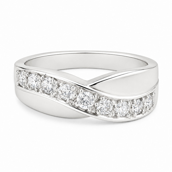 Modern modernist contemporary yoga graduated round diamond crossover half Eternity style Ring platinum gold