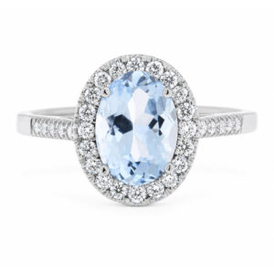 classic oval shape cut aqua aquamarine with round brilliant cut diamonds halo cluster claw set ring platinum gold