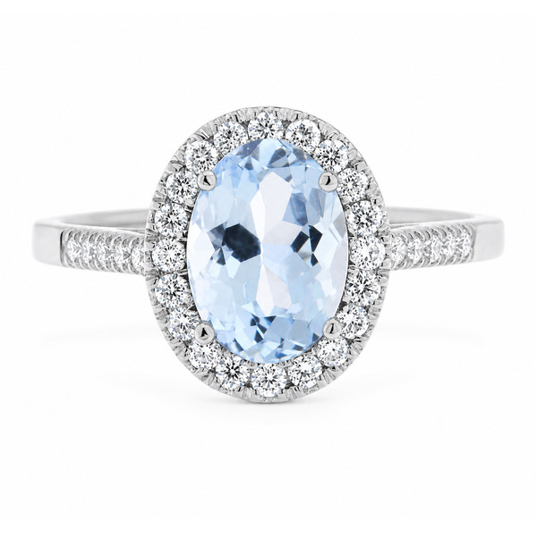 classic oval shape cut aqua aquamarine with round brilliant cut diamonds halo cluster claw set ring platinum gold
