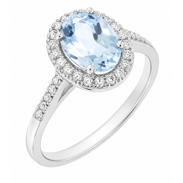 classic oval shape cut aqua aquamarine with round brilliant cut diamonds halo cluster claw set ring platinum gold