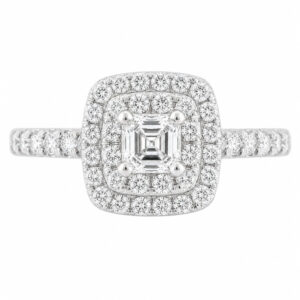 4 four claw solitaire asscher & round brilliant cut Diamond engagement ring double halo cluster set single shoulders Platinum yellow gold