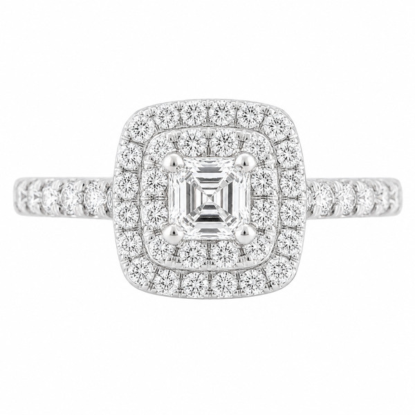4 four claw solitaire asscher & round brilliant cut Diamond engagement ring double halo cluster set single shoulders Platinum yellow gold