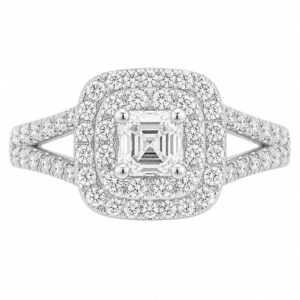 4 four claw solitaire asscher round brilliant cut Diamond engagement ring double halo cluster set split shoulders Platinum yellow gold