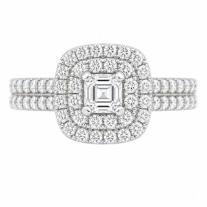 4 four claw solitaire asscher round brilliant cut Diamond engagement ring double halo cluster set double shoulders Platinum yellow gold