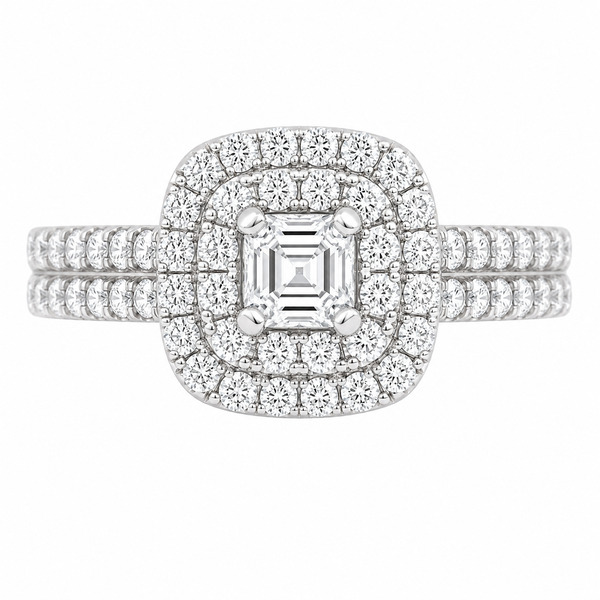 4 four claw solitaire asscher round brilliant cut Diamond engagement ring double halo cluster set double shoulders Platinum yellow gold