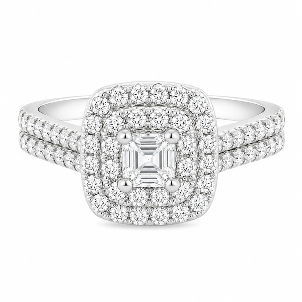 4 four claw solitaire asscher round brilliant cut Diamond engagement ring double halo cluster set double shoulders Platinum yellow gold