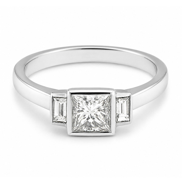 1920's Modern classic art deco style ring princess cut diamond step baguette cut diamonds engagement dress platinum gold