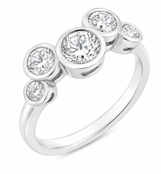 Modern modernist organic five stone round diamond bubble scatter eternity ring platinum gold