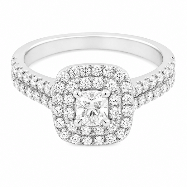 4 four claw solitaire cushion round brilliant cut Diamond engagement ring double halo cluster set double shoulders Platinum yellow gold