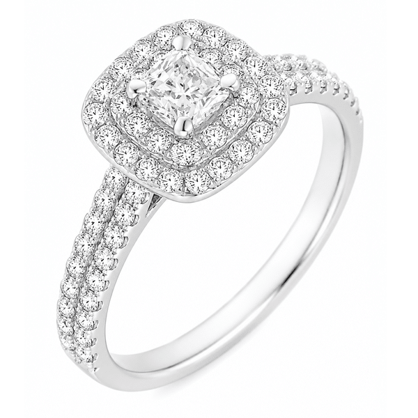 4 four claw solitaire cushion round brilliant cut Diamond engagement ring double halo cluster set double shoulders Platinum yellow gold