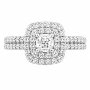 4 four claw solitaire cushion round brilliant cut Diamond engagement ring double halo cluster set double shoulders Platinum yellow gold