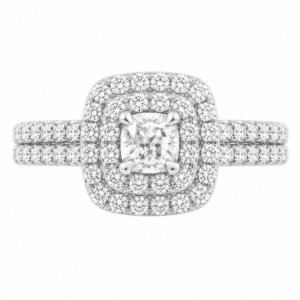 4 four claw solitaire cushion round brilliant cut Diamond engagement ring double halo cluster set double shoulders Platinum yellow gold