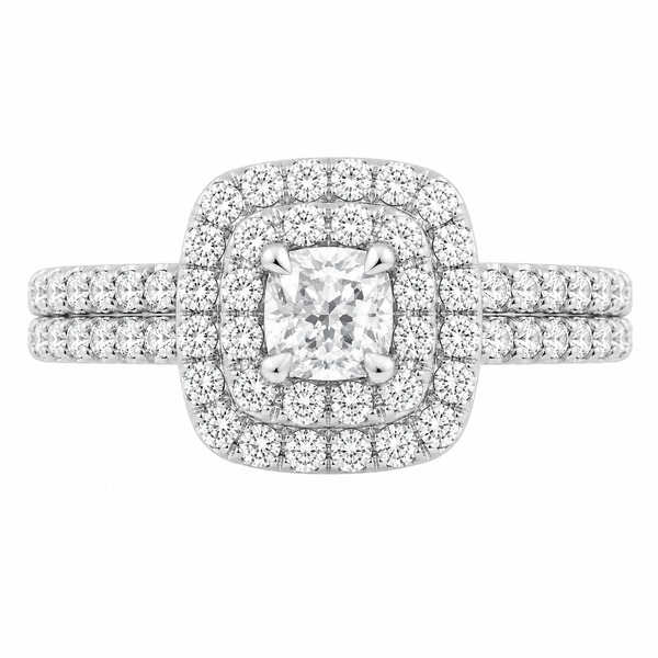 4 four claw solitaire cushion round brilliant cut Diamond engagement ring double halo cluster set double shoulders Platinum yellow gold
