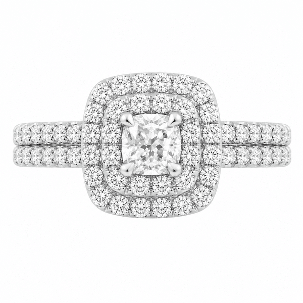 4 four claw solitaire cushion round brilliant cut Diamond engagement ring double halo cluster set double shoulders Platinum yellow gold
