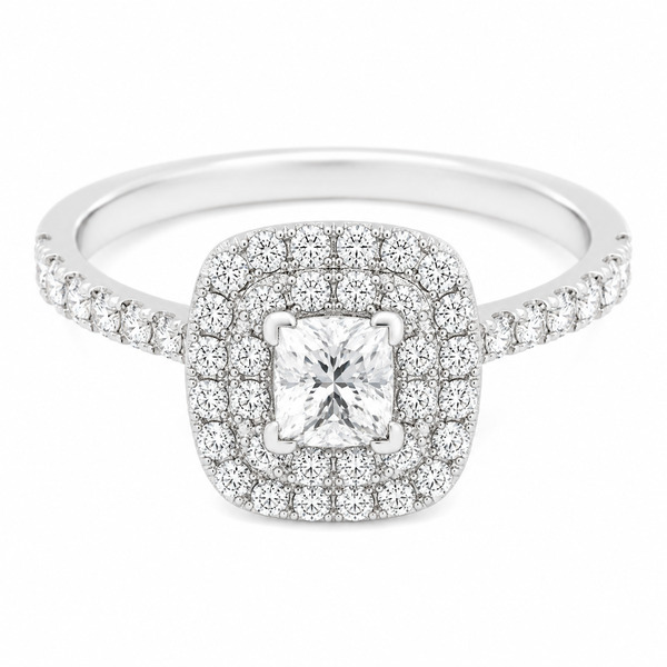 4 four claw solitaire cushion & round brilliant cut Diamond engagement ring double halo cluster set single shoulders Platinum yellow gold