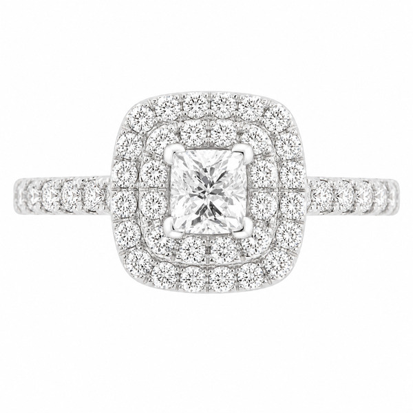 4 four claw solitaire cushion & round brilliant cut Diamond engagement ring double halo cluster set single shoulders Platinum yellow gold