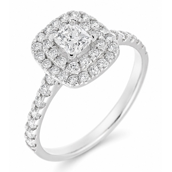 4 four claw solitaire cushion & round brilliant cut Diamond engagement ring double halo cluster set single shoulders Platinum yellow gold