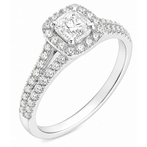 4 four claw solitaire cushion Diamond engagement ring round halo cluster set split double shoulders Platinum yellow gold